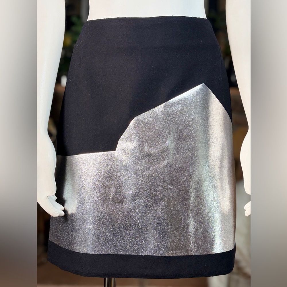 Jonathan Saunders Black Silk & Wool Skirt w/ Metallic Silver Design, Sz L